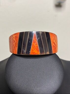 Vintage 70’s Hamdmade Philippines Geometric Inlaid Panels Cuff Bracelet